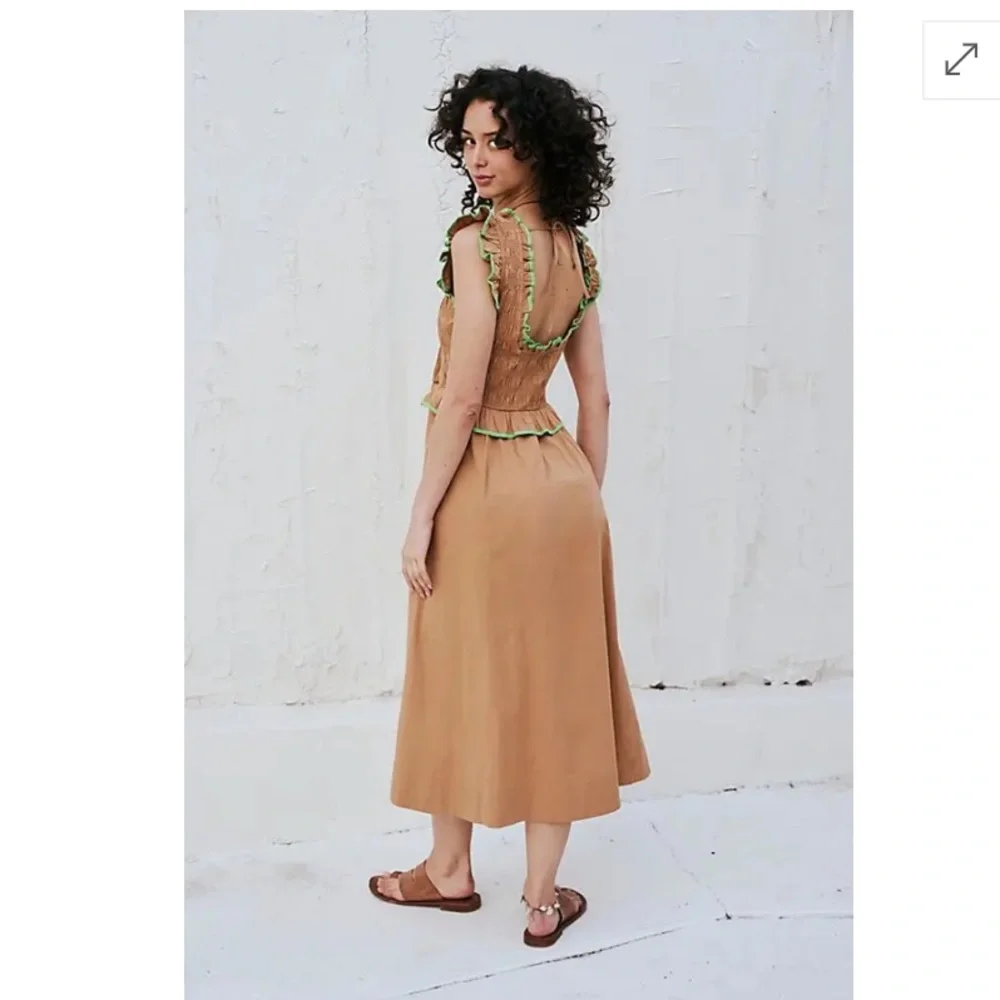 Free People Tan Midi Dress with Green Trim